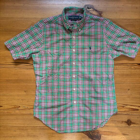 Ralph Lauren green pink plaid short sleeve button up mens shirt SIZE M - Picture 1 of 4